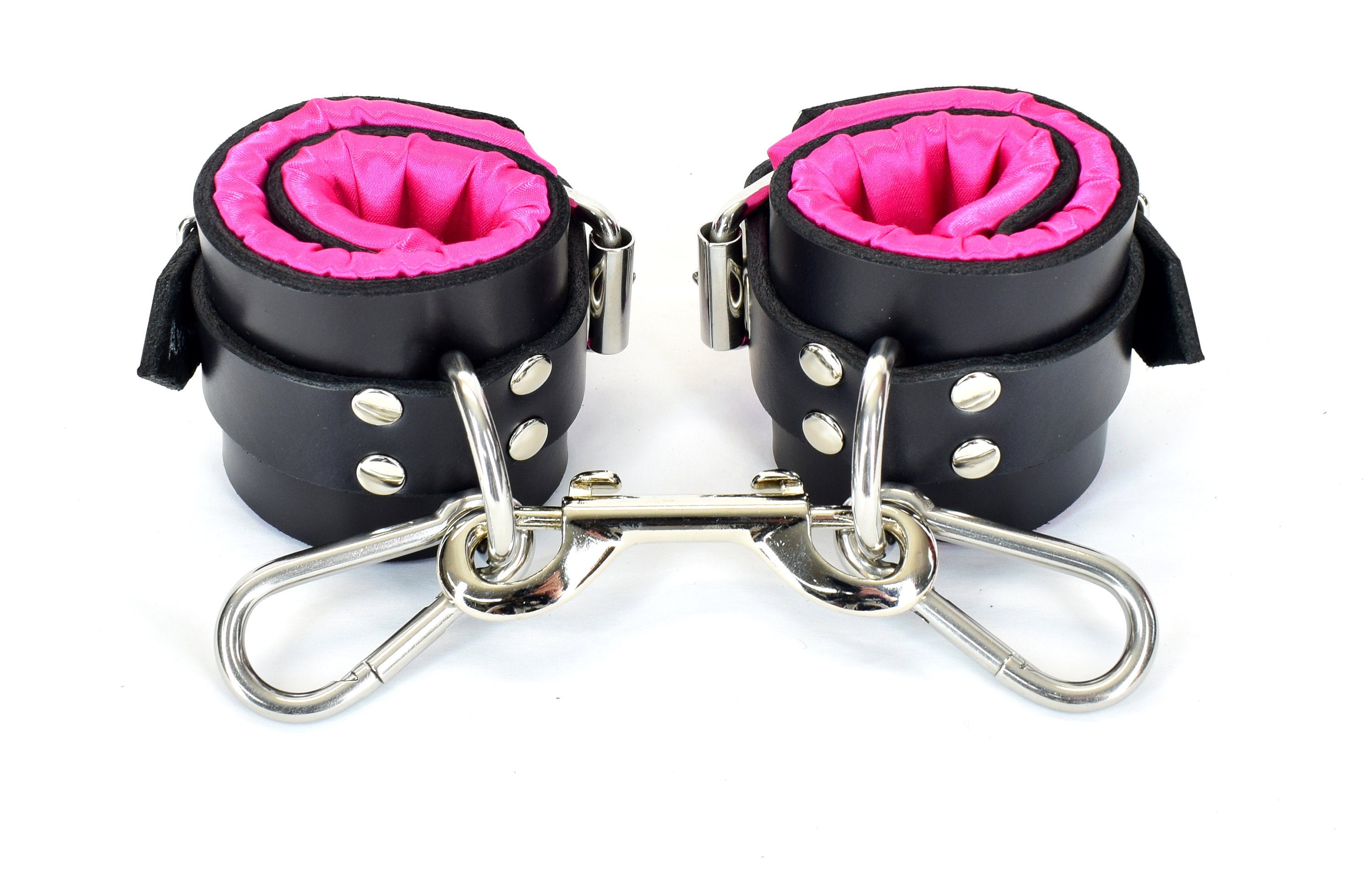 Locking Pink Satin Lined Leather Wrist Bondage Cuffs photo