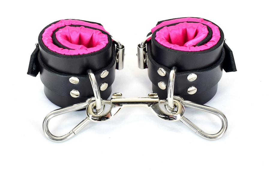 Locking Pink Satin Lined Leather Wrist Bondage Cuffs Image # 122242