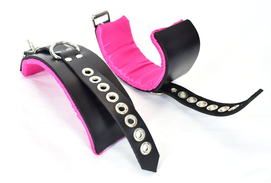 Locking Pink Satin Lined Leather Wrist Bondage Cuffs Image # 122243