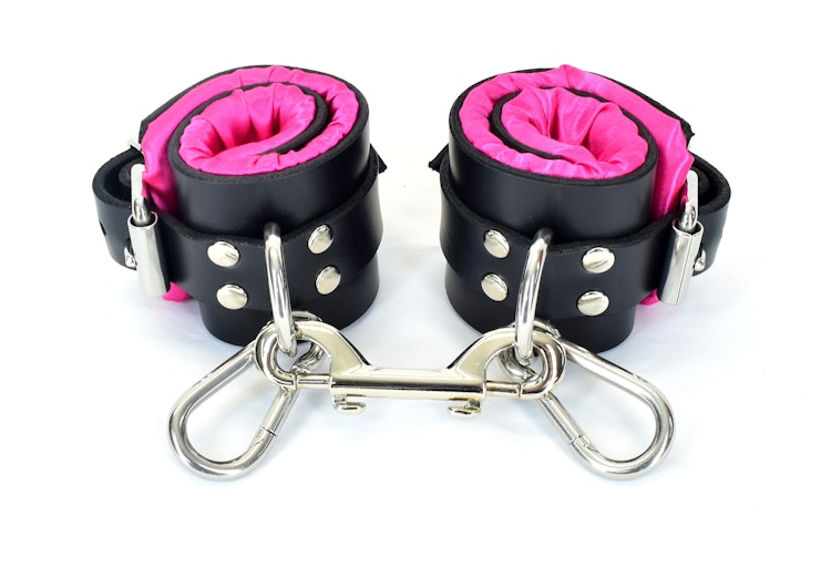 Pink Satin Lined Leather Wrist Bondage Cuffs photo