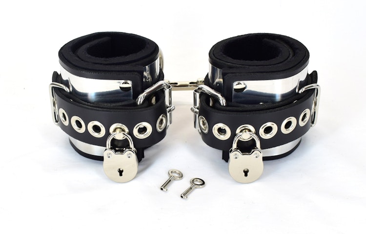 Locking Metal Band Lined Leather Ankle Bondage Cuffs photo