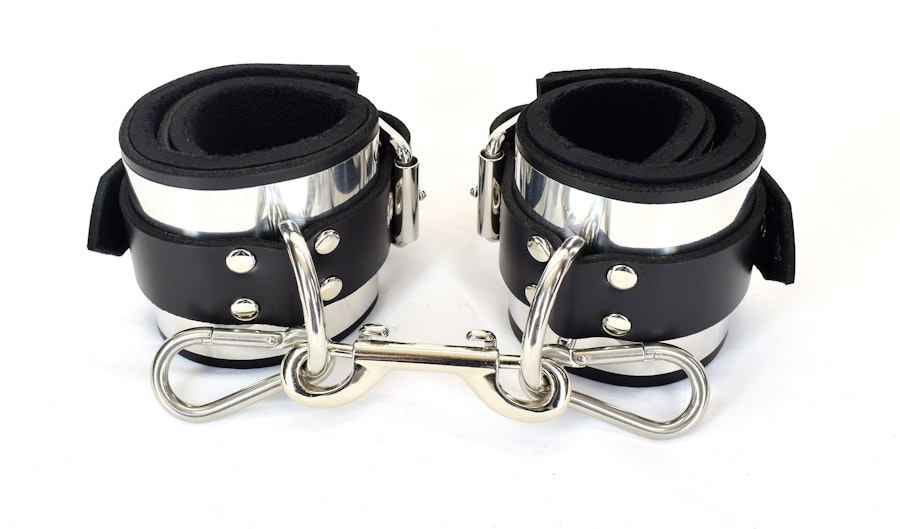 Locking Metal Band Lined Leather Ankle Bondage Cuffs Image # 122348