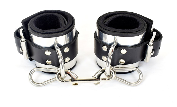 Metal Band Lined Leather Ankle Bondage Cuffs photo