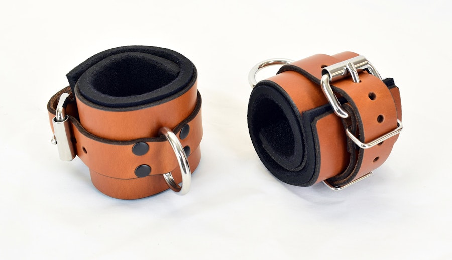 Brown Leather Wrist Bondage Cuffs Image # 122479