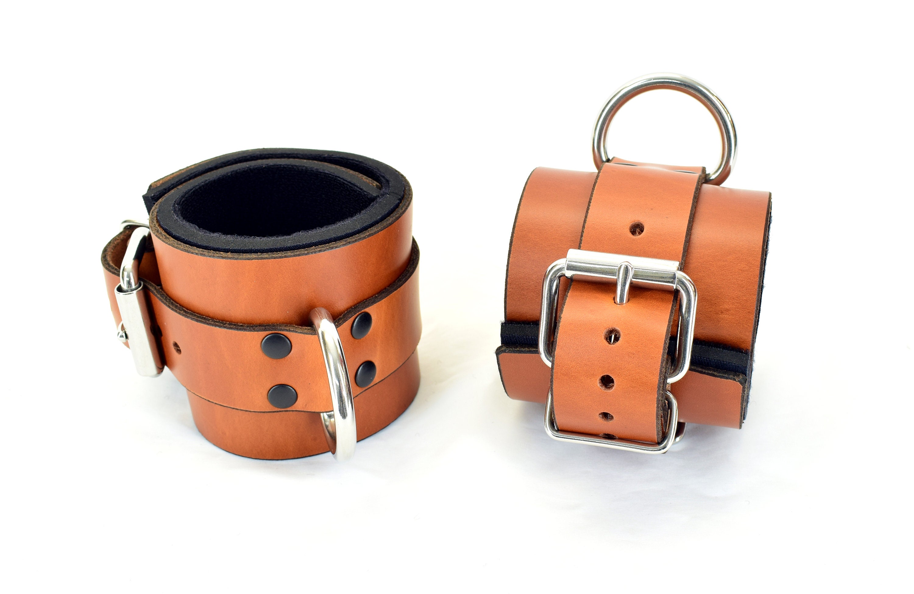 Lined Brown Leather Ankle Bondage Cuffs photo