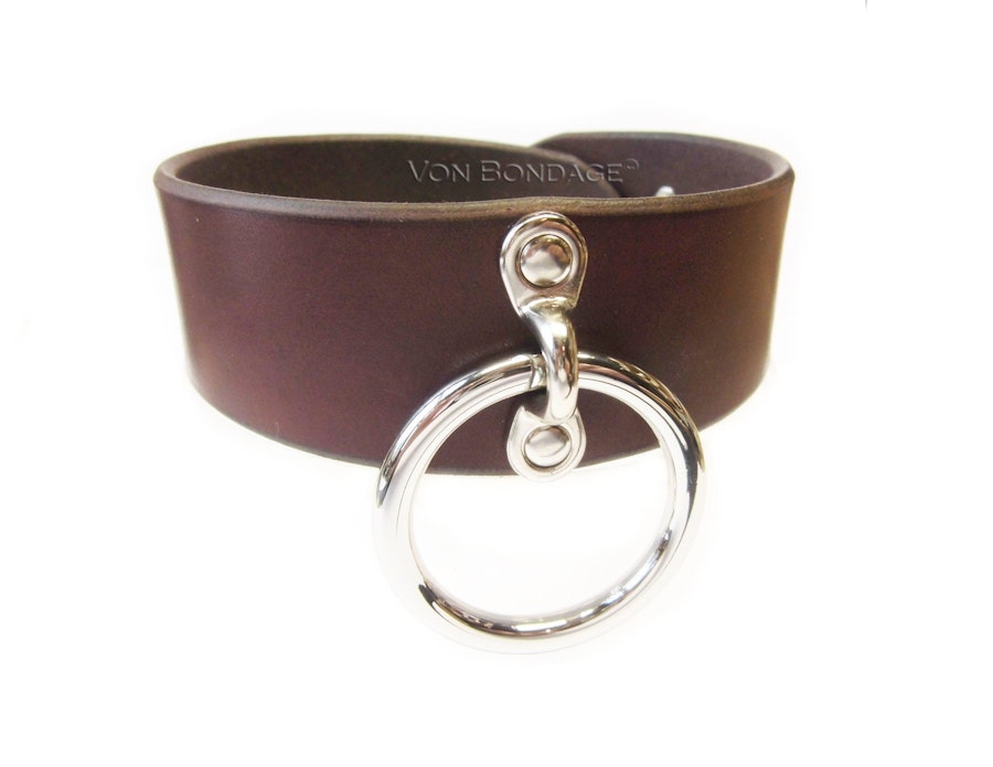 1.5" Brown Bullhide Leather BDSM Collar for slave/sub with Lg O-ring Lockable Buckle Option Custom Sizing, bondage collar for submissive/little Image # 122571