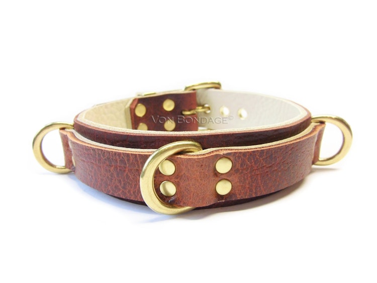 Bison Leather BDSM Collar in Solid Brass, bondage collar w/3 Dee Rings in Brown & Cream Leather for slave/sub 1-1/4" photo