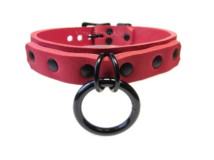 Soft BDSM Collar in Red Lambskin, Bondage Collar w/Black O-ring, nickel free black ring slave/sub collar w/Lockable Buckle, custom sized 1" photo