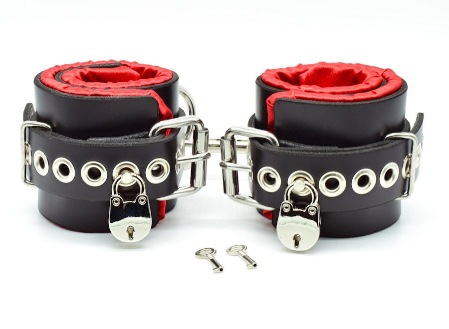 Locking Red Satin Lined Leather Ankle Bondage Cuffs
