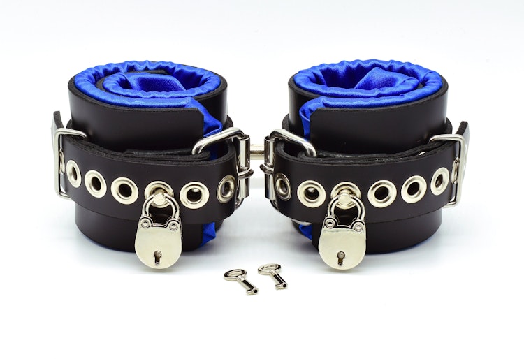 Locking Blue Satin Lined Leather Ankle Bondage Cuffs photo