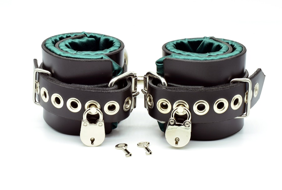 Locking Green Satin Lined Leather Ankle Bondage Cuffs
