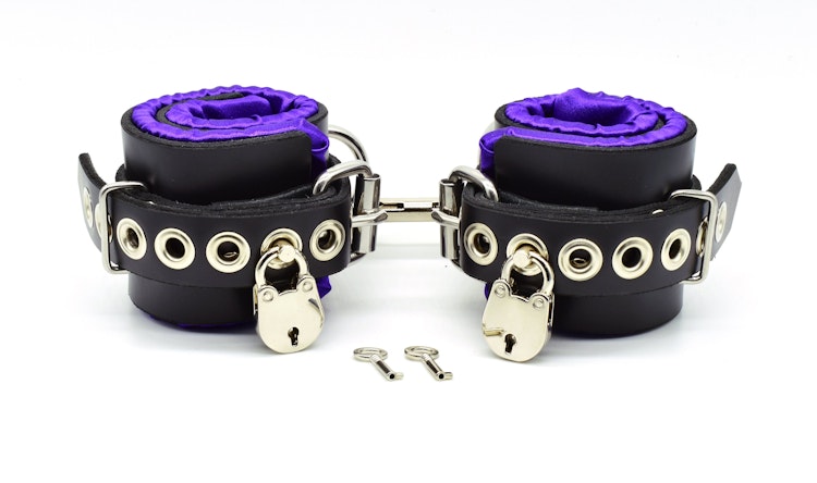 Locking Purple Satin Lined Leather Wrist Bondage Cuffs photo