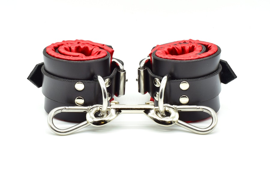 Red Satin Lined Leather Wrist Bondage Cuffs