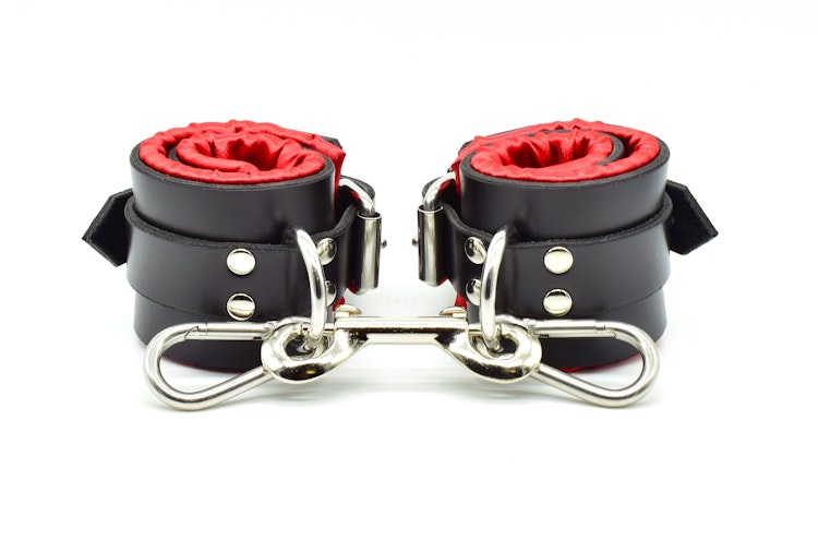 Red Satin Lined Leather Wrist Bondage Cuffs photo