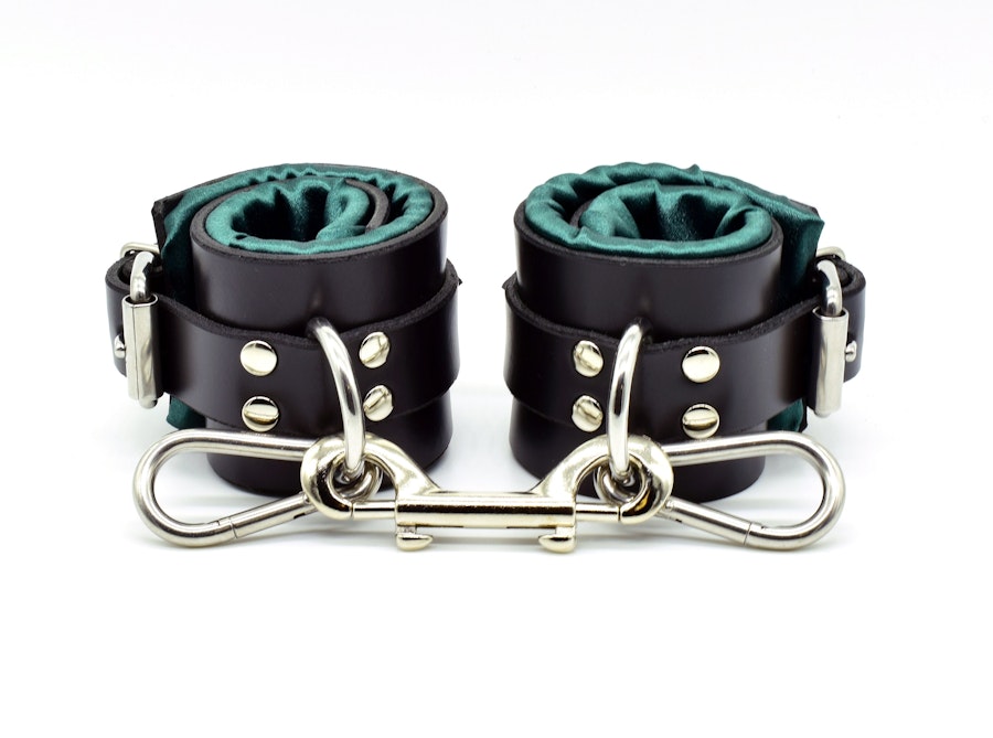 Green Satin Lined Leather Wrist Bondage Cuffs