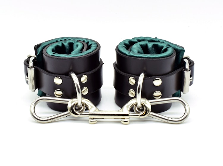 Green Satin Lined Leather Wrist Bondage Cuffs photo