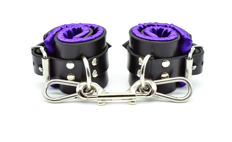 Purple Satin Lined Leather Wrist Bondage Cuffs