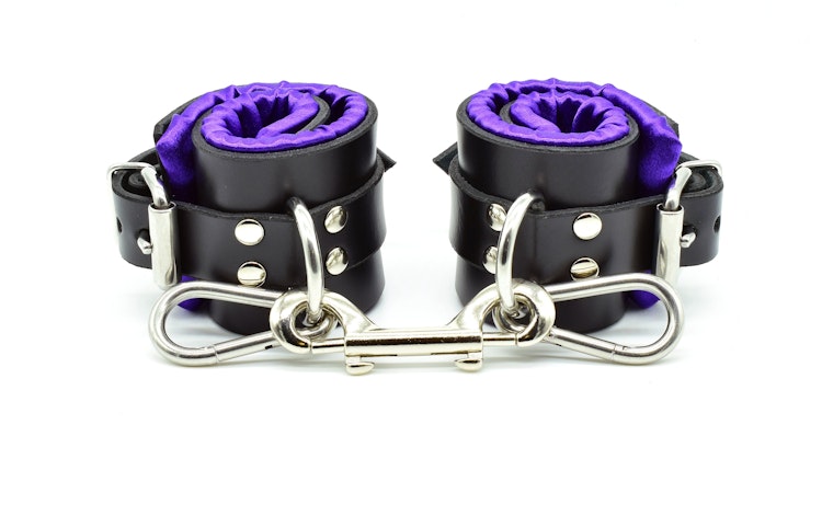 Purple Satin Lined Leather Wrist Bondage Cuffs photo