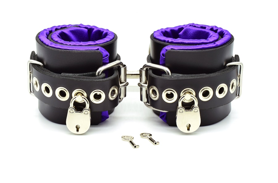 Locking Purple Satin Lined Leather Ankle Bondage Cuffs (mature)