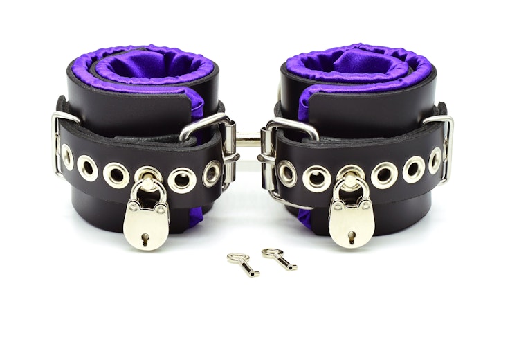 Locking Purple Satin Lined Leather Ankle Bondage Cuffs (mature) photo