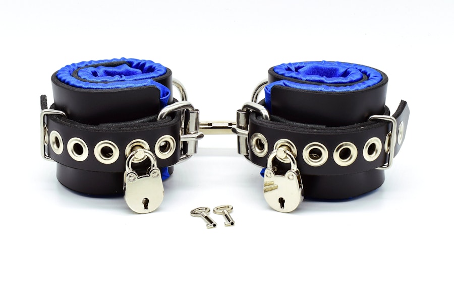 Locking Blue Satin Lined Leather Wrist Bondage Cuffs