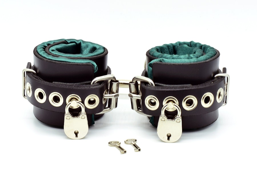 Locking Green Satin Lined Leather Wrist Bondage Cuffs