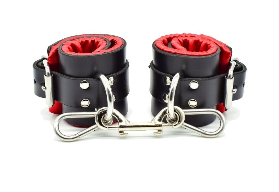 Red Satin Lined Leather Ankle Bondage Cuffs