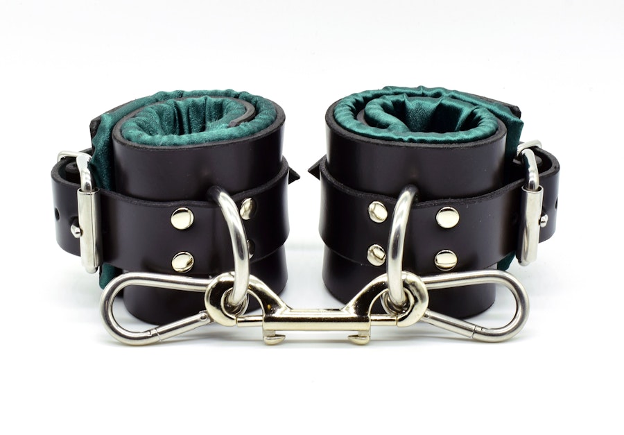 Green Satin Lined Leather Ankle Bondage Cuffs