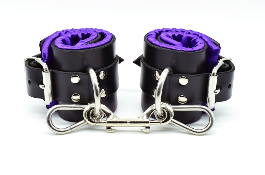 Purple Satin Lined Leather Ankle Bondage Cuffs