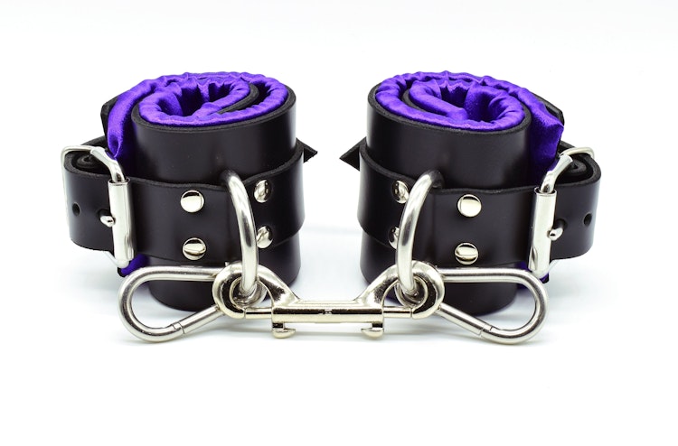 Purple Satin Lined Leather Ankle Bondage Cuffs photo