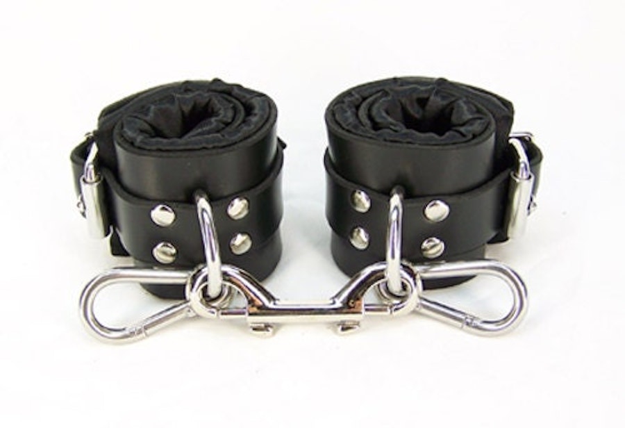 Black Satin Lined Leather Wrist Bondage Cuffs