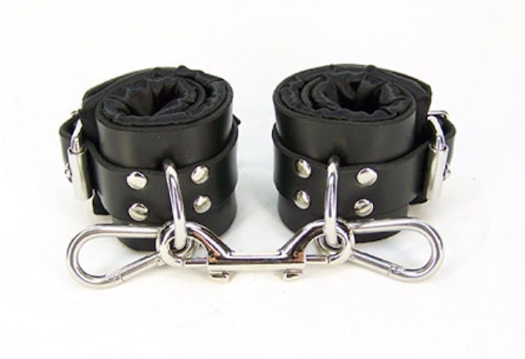 Black Satin Lined Leather Wrist Bondage Cuffs photo