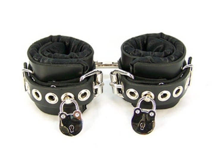 Locking Black Satin Lined Leather Wrist Bondage Cuffs photo