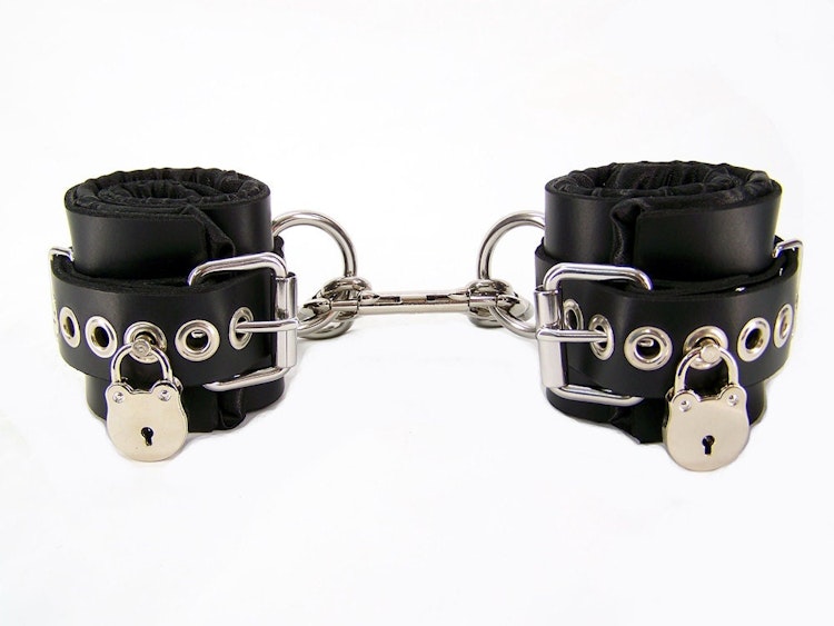 Locking Black Satin Lined Leather Ankle Bondage Cuffs photo
