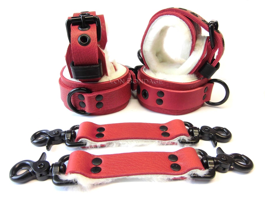 BDSM Restraints/Cuffs, Sheepskin Fleece Restraints, soft furry restraints, BDSM/Bondage Cuffs, Leather BDSM Set, Bondage Set Image # 123768