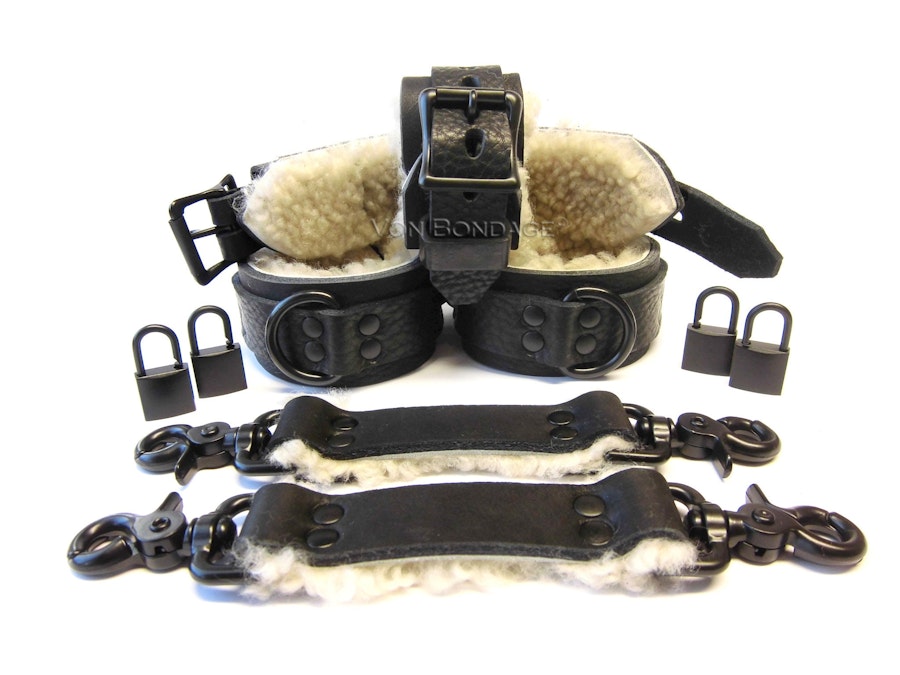 BDSM Restraints/Cuffs, Sheepskin Fleece Restraints, soft furry restraints, BDSM/Bondage Cuffs, Leather BDSM Set, Bondage Set Image # 123763