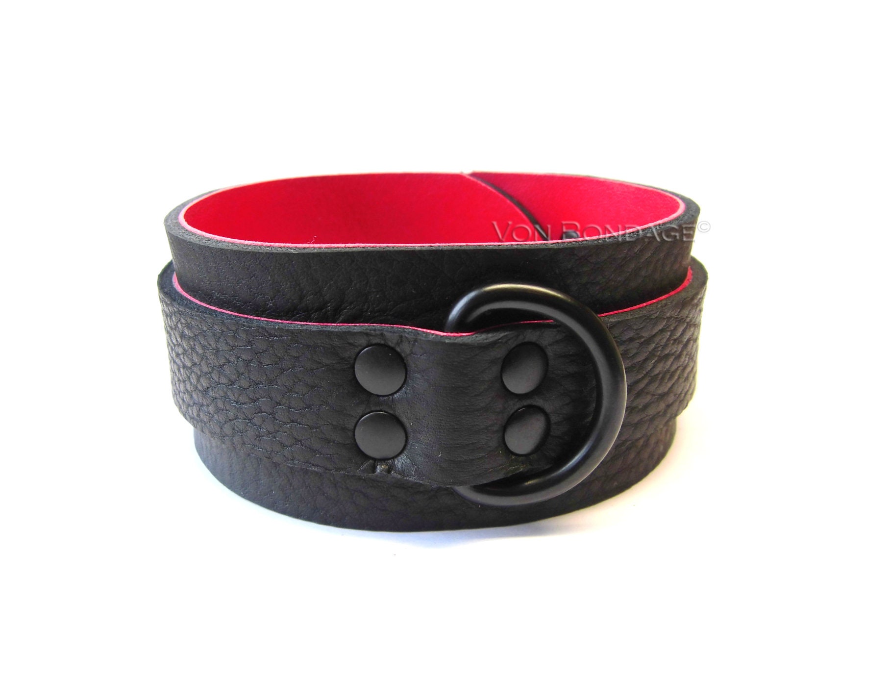 Leather BDSM Collar w/Red Lambskin, wide Bondage Collar w/Large Black Dee Ring, Locking Collar for bondage slave/sub custom sized, 2" photo