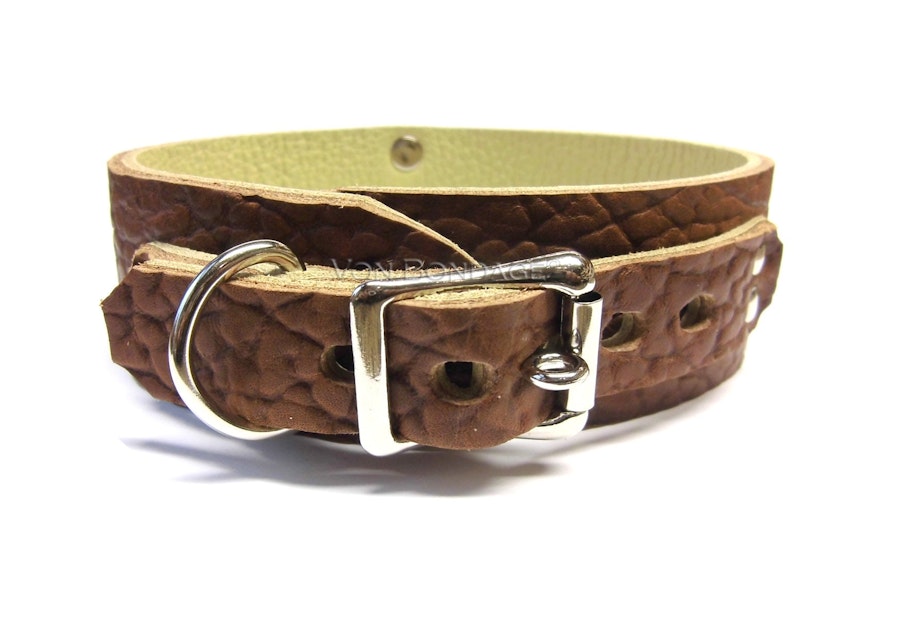 1.5" Brown Bullhide Leather BDSM Collar for slave/sub with Lg O-ring Lockable Buckle Option Custom Sizing, bondage collar for submissive/little Image # 129763