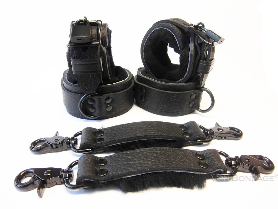 BDSM Restraints/Cuffs, Sheepskin Fleece Restraints, soft furry restraints, BDSM/Bondage Cuffs, Leather BDSM Set, Bondage Set Image # 130755