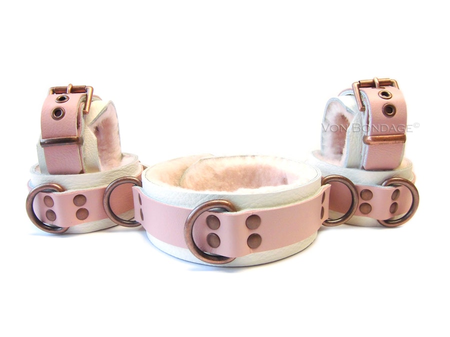 BDSM Restraints & Bondage Collar w/Sheepskin, Fleece/Furry Restraints/Cuffs, soft Bondage Restraints/Cuffs, 1" Copper Rings, 1-3/4" Image # 130507